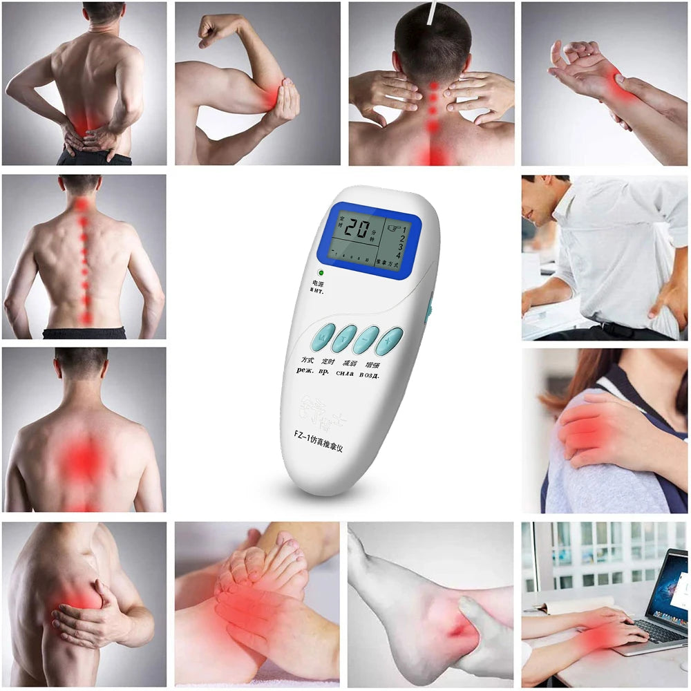 White digital TENS EMS muscle stimulator device for pain relief, physiotherapy, and body massage therapy.