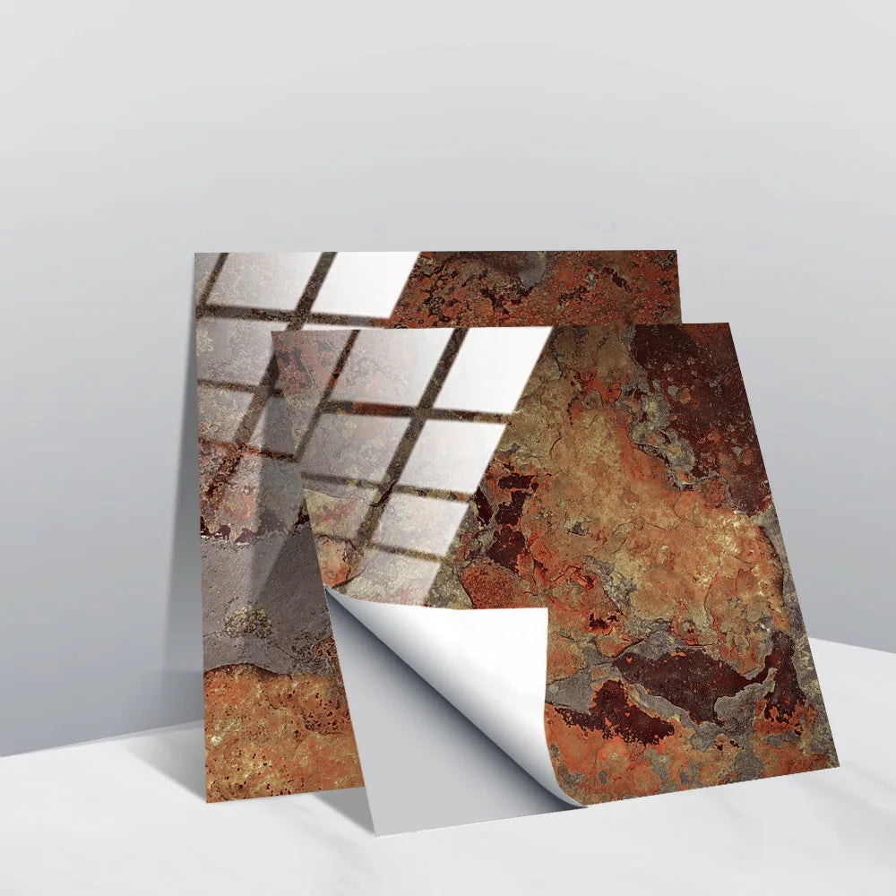 Self-adhesive faux tile wall stickers, rust and brown speckled stone with grid accents