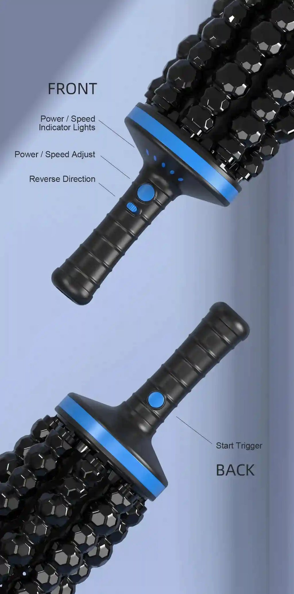 Black, cordless handheld roller massager with a bumpy surface, blue accents, and labeled buttons for power and speed.