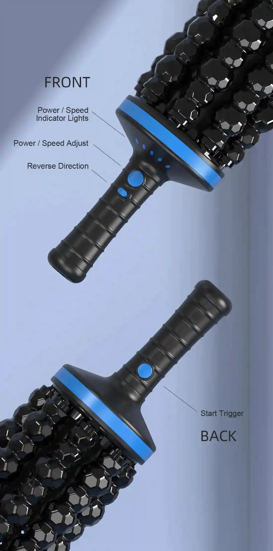 Black, cordless handheld roller massager with a bumpy surface, blue accents, and labeled buttons for power and speed.