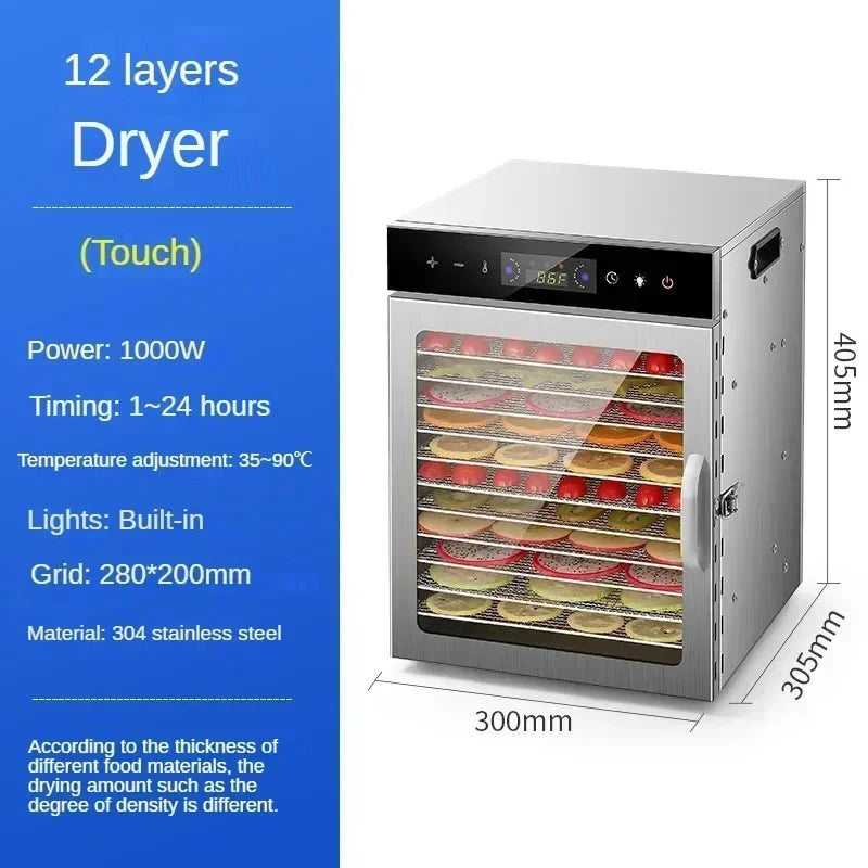 12-tray stainless steel food dehydrator with touch control panel and drying fruit slices