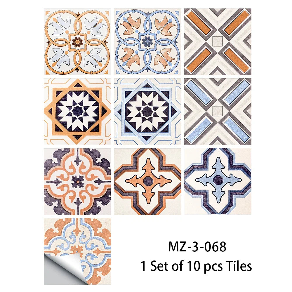 Waterproof non-slip floor tile sticker set with orange and blue patterned medallions
