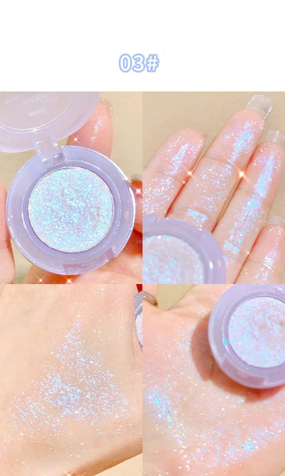 Tidesmit monochrome glitter eyeshadow and shimmering highlighter powder texture close-up for waterproof face makeup