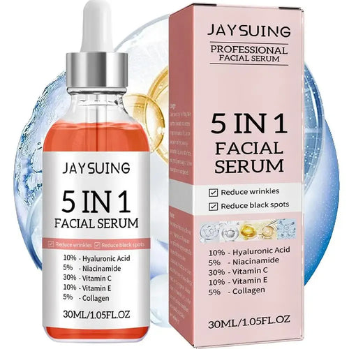 JAYSUING 5-in-1 anti-aging facial serum, 30ml dropper bottle in pink box with concentrated vitamins and collagen.