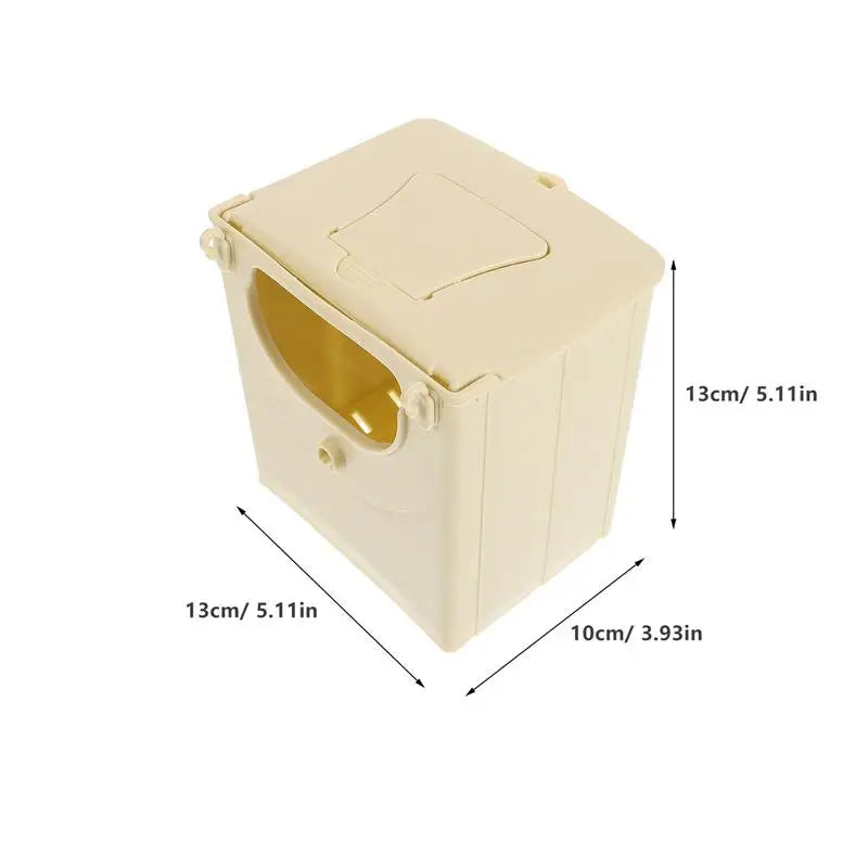 Beige plastic bird breeding box for lovebirds, 13x13x10cm hanging nest for safe pet incubation and mating.