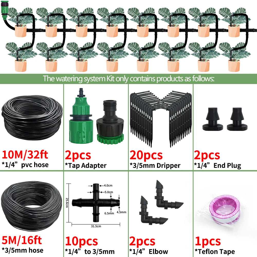 Drip irrigation kit components set with black hose, green tap adapters, drippers, and end plugs