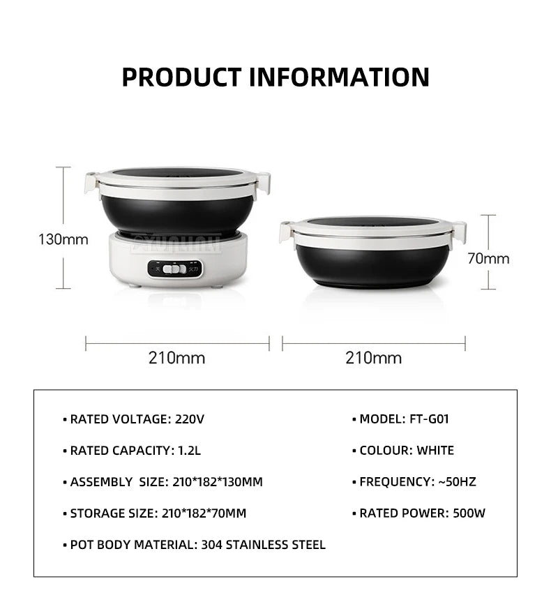 Portable split electric cooker with dimensions, showing white base and black pot