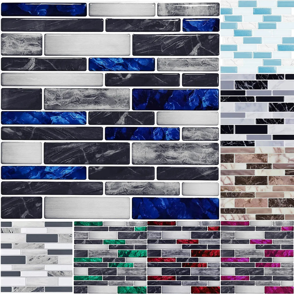 Self-adhesive 3D mosaic tile sticker color options, multiple blue and gray designs