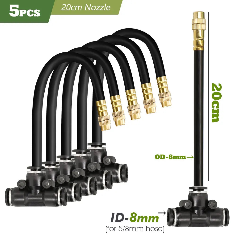 5-piece flexible PE hose spray kit with 20cm 8mm brass nozzle heads and connectors