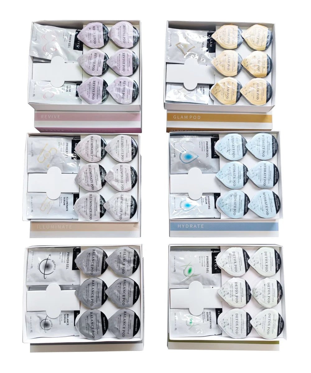Six boxes of 7-types oxygen facial treatment kits with serum gel, pods, and masks for skincare rejuvenation.
