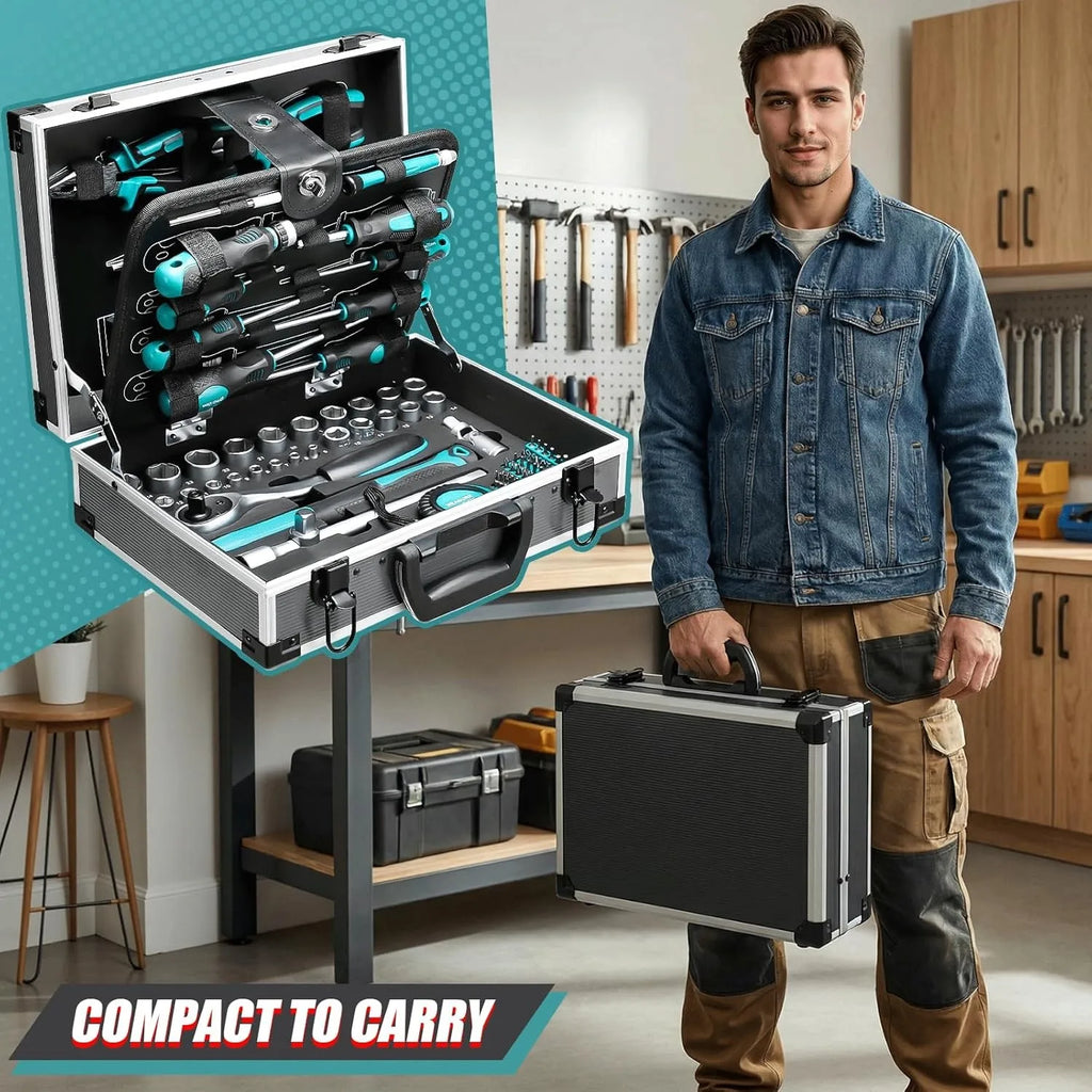 Aluminum Tool Case Filled with 122-piece Tool Set | Workshop Case Equipped w/ Wrenches, Hammer, Pliers, Screwdrivers, Toolbox