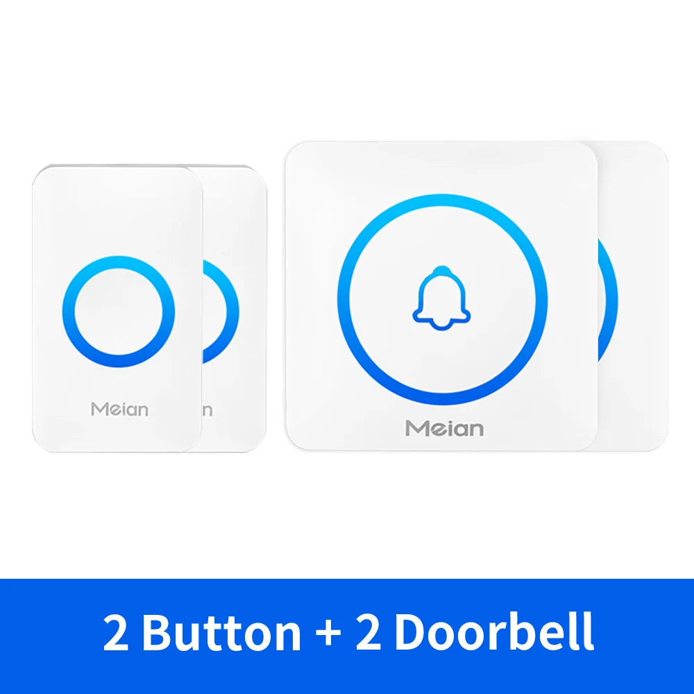 Wireless doorbell receiver and button kit, white with blue ring icons and chime light