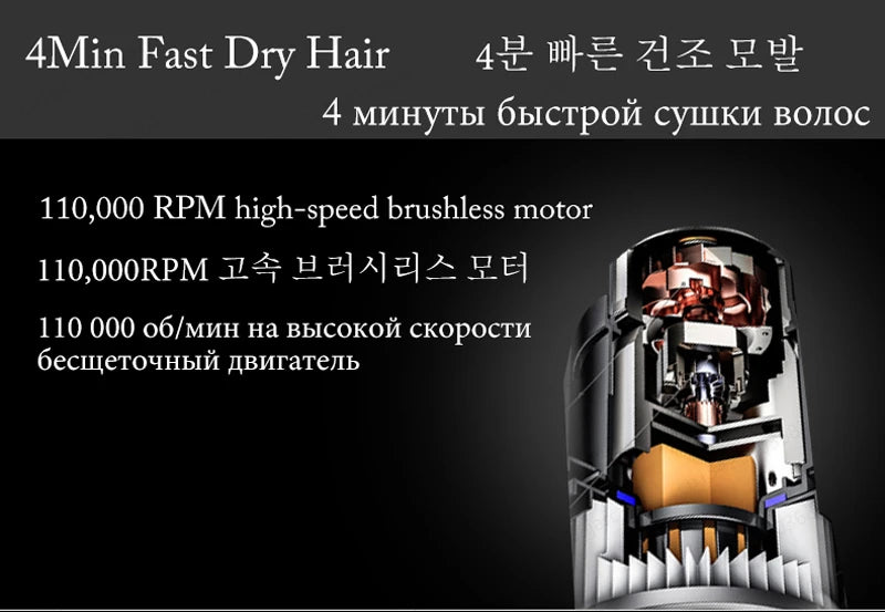Black leafless negative ion hair dryer with 110,000 RPM high-speed brushless motor for 4-minute fast drying.