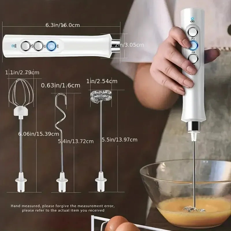 White electric handheld milk frother with 3 stainless steel whisk attachments and measurement dimensions for kitchen.
