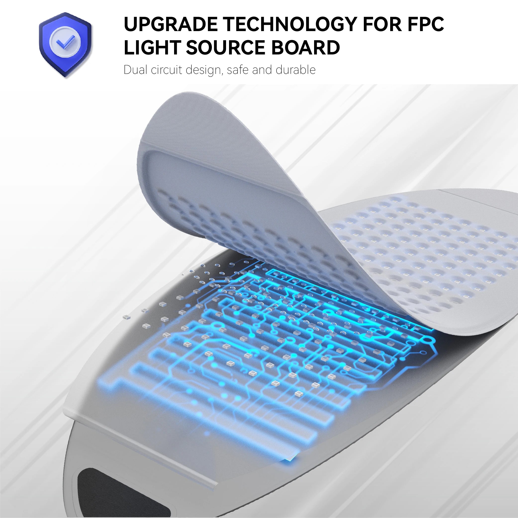 Close-up of a light therapy mask showing a lifted fabric layer revealing a blue FPC circuit board with LED lights.