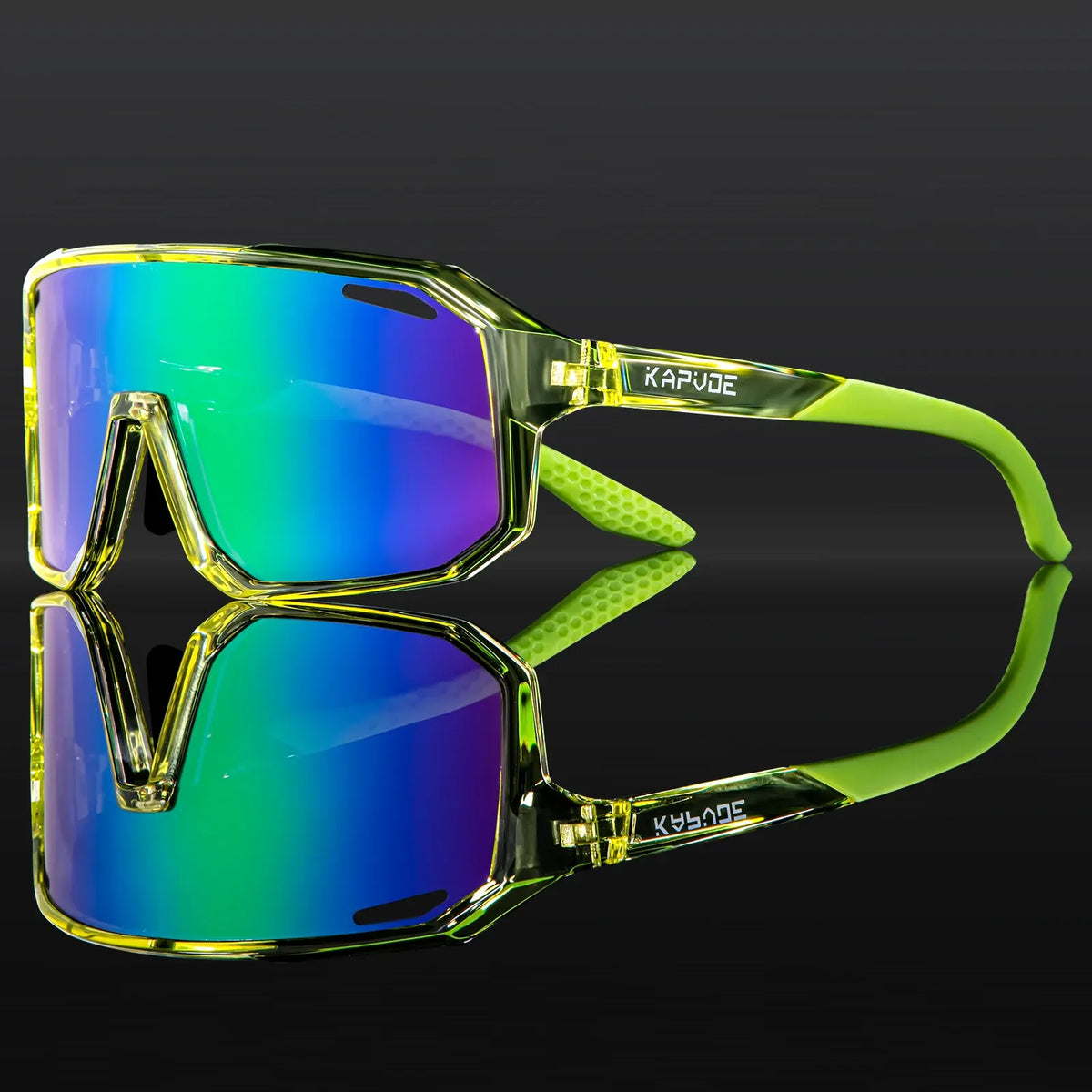 Kids polarized sport sunglasses with neon green frame and iridescent mirrored lenses.