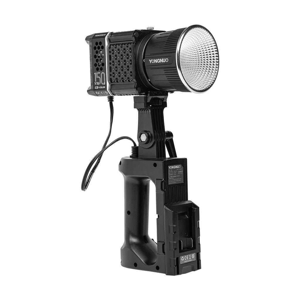 Black 150W LED video light with reflector, mounted on a handheld grip with a battery plate for portable lighting.