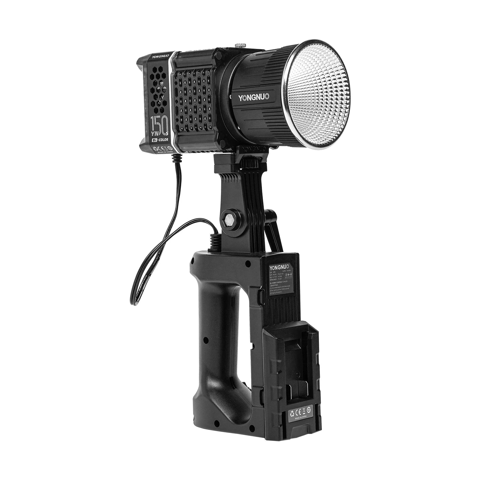 Black 150W LED video light with reflector, mounted on a handheld grip with a battery plate for portable lighting.
