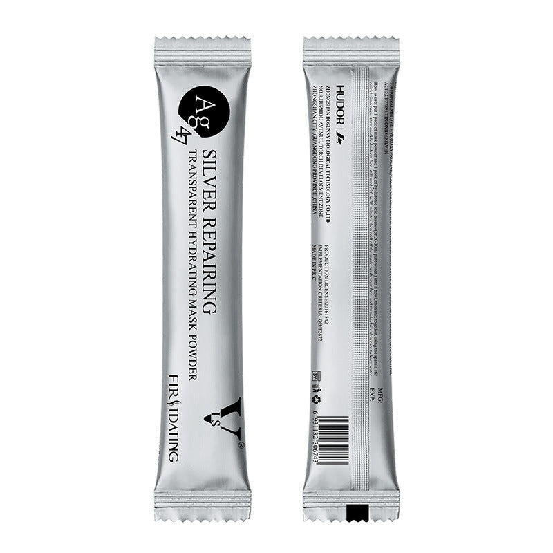 Front and back view of a slim, silver foil packet containing Silver Repairing hydrating facial mask powder.