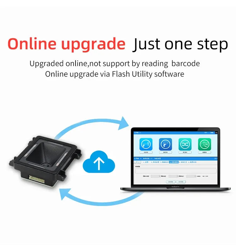 Embedded barcode scanner module with online upgrade via Flash Utility software