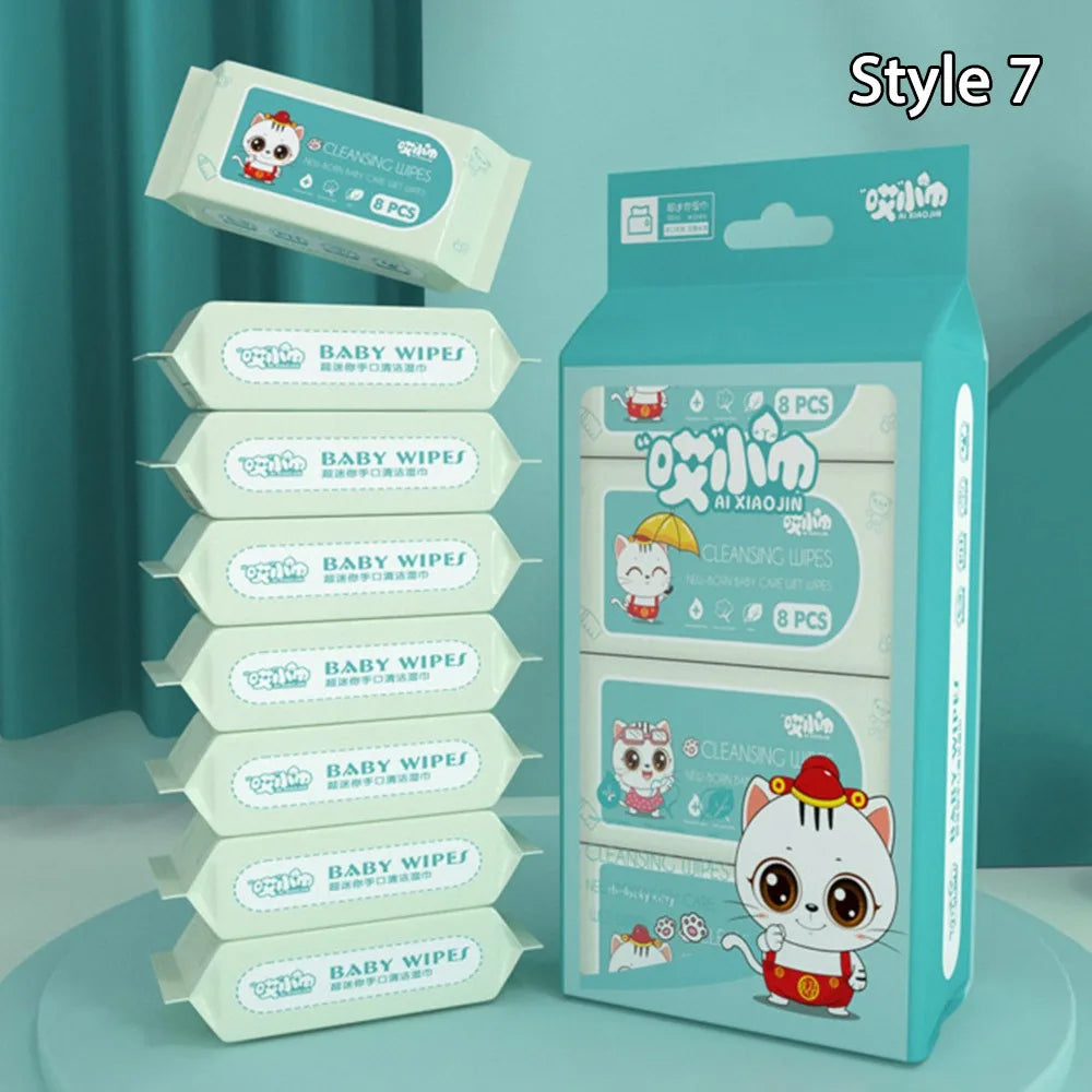 Ai Xiaojin baby cleansing wipes, 8-count packs with cute cat design, gentle baby care wet wipes for newborns.