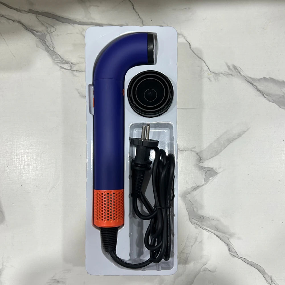 Blue and orange 5-in-1 ionic hair dryer with diffuser attachment and professional leafless design in plastic tray.
