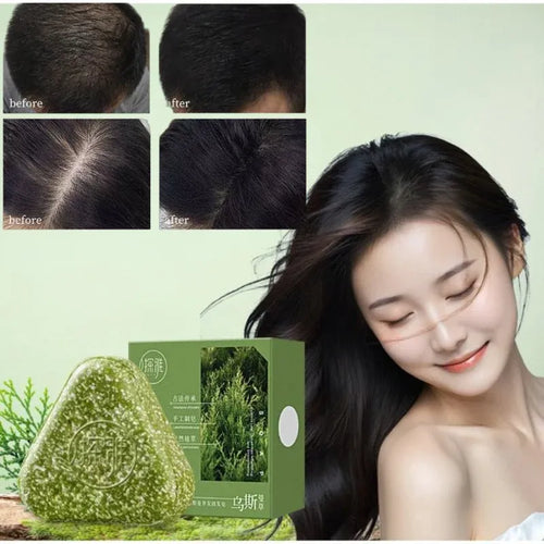 Herbal anti-hair loss shampoo bar, plastic-free soap with Arborvitae and Usman grass for fluffy hair and dandruff relief.