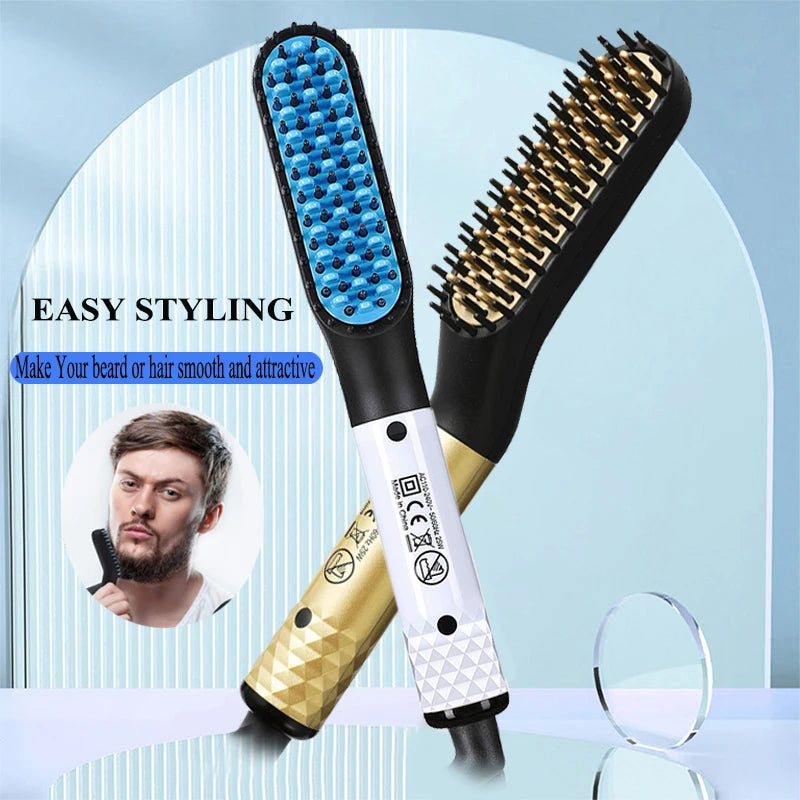Portable mini beard and hair straightener comb with gold and white handles and blue heated bristles for styling.