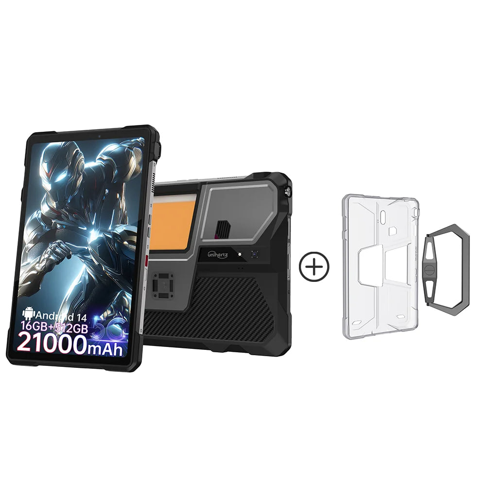 Unihertz 8849 Tank Pad rugged tablet, 21000mAh battery, projector, front and back views with protective accessories.