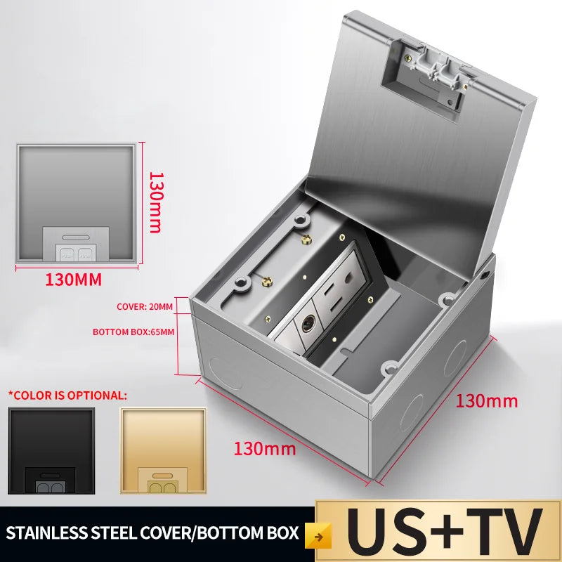 Recessed stainless steel floor socket box with open cover, showing TV connection