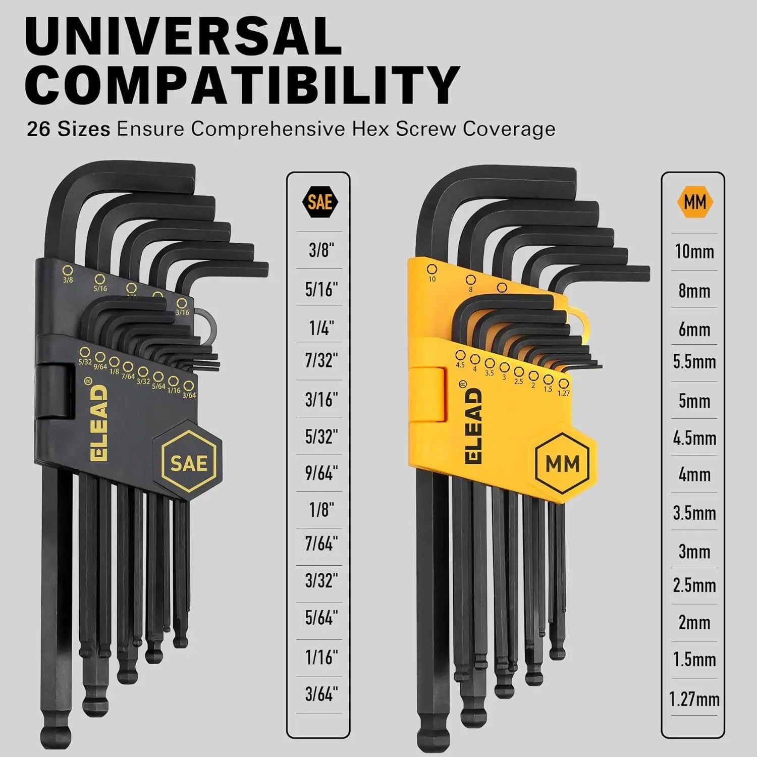 ELEAD 27PCS Hex Key Allen Wrench Set MM SAE Ball End Long Short Arm with Grip Handle Metric 1.27-10mm SAE 3/64"-3/8 with Storage