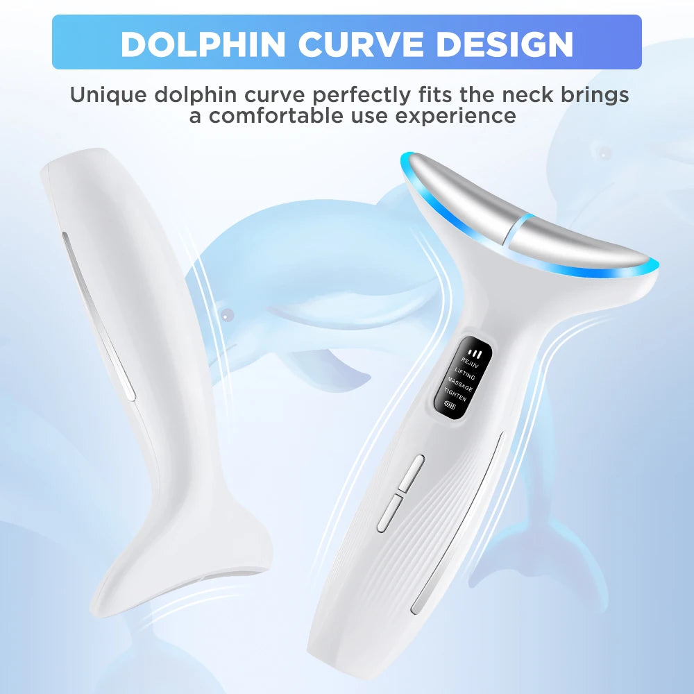 White, ergonomic, dolphin-curved EMS face and neck massager with blue LED light and a digital settings display.