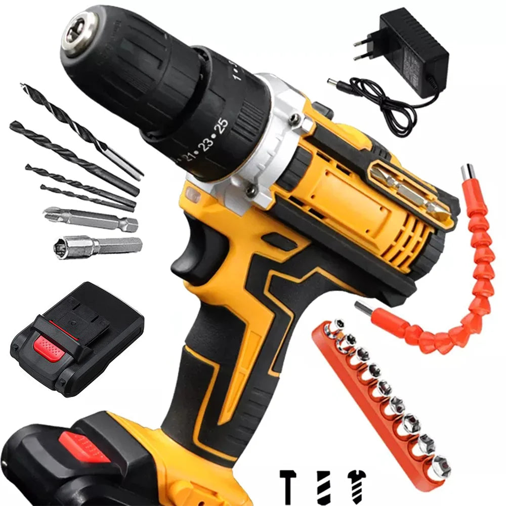 Gisam Cordless Impact Drill Electric Screwdriver Rechargeable Handheld Hammer Drill Power Tool 25+3 Torque Driver Li-ion Battery