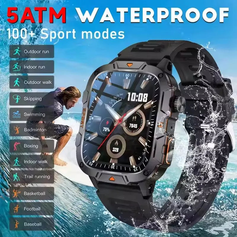 2026 New Military Grade Smart Watch Men 1.96" AMOLED Screen 5ATM Waterproof Sports Fitness Tracker BT Call Smartwatch