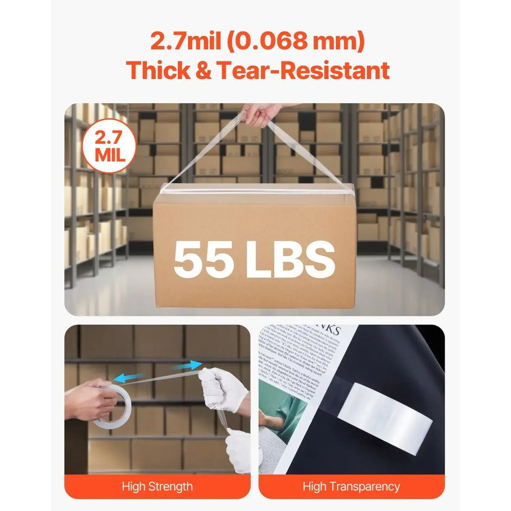 Clear packing tape sealing a cardboard box with thick, tear-resistant tape