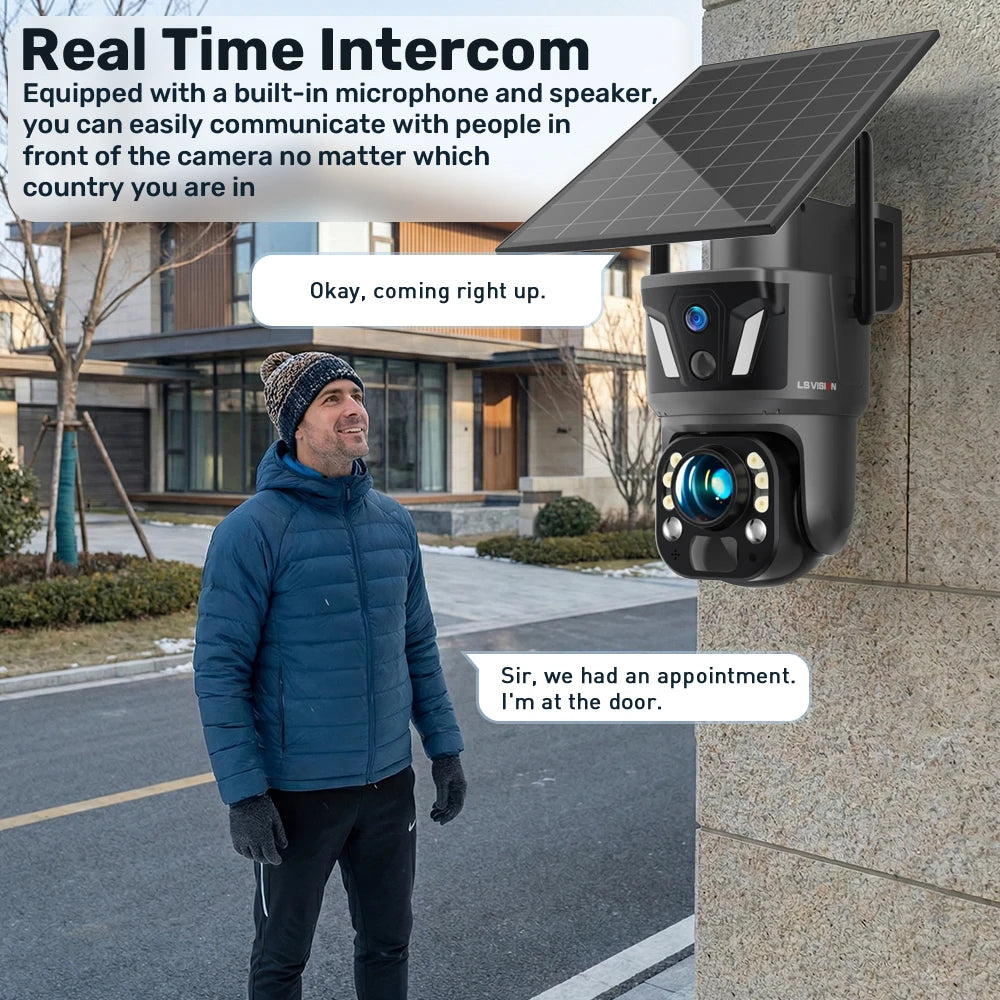 LS VISION 99X Zoom WiFi Solar Camera 4G SIM 8MP Dual Screen PTZ Outdoor Surveillance Camera PIR Ai Detection Auto Zoom Tracking