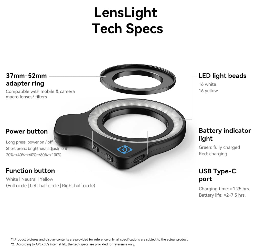 LensLight ring light with 37-52mm adapter ring, USB-C charging, power and function buttons for macro photography.