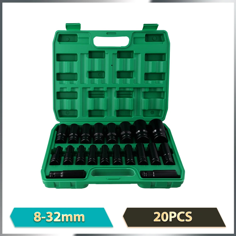 Podofo 20PCs 1/2'' Drive 6-Point Impact Socket Set 8-32mm Metric Sizes Carbon Steel  Impact Wrench Nut Set With Storage Box