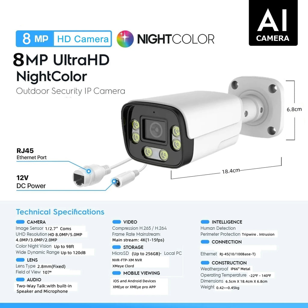 8MP Outdoor Security POE Camera AI 98ft NightColor IP Camera with Face/Human Detection H.265+ Video Surveillance Two-way Audio