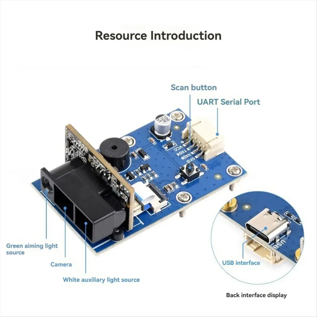 2D barcode scanner module PCB with scan button, UART port, and camera window