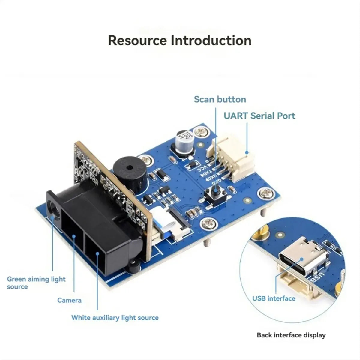 2D barcode scanner module PCB with scan button, UART port, and camera window