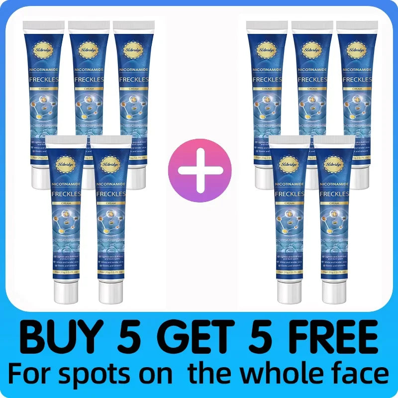 Ten blue tubes of Slibridge Nicotinamide Freckles Cream arranged in two groups of five, separated by a plus sign.