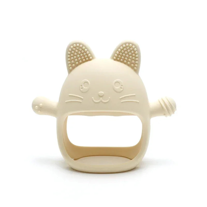 Cream-colored cat silicone baby teething toy for soothing sore gums.