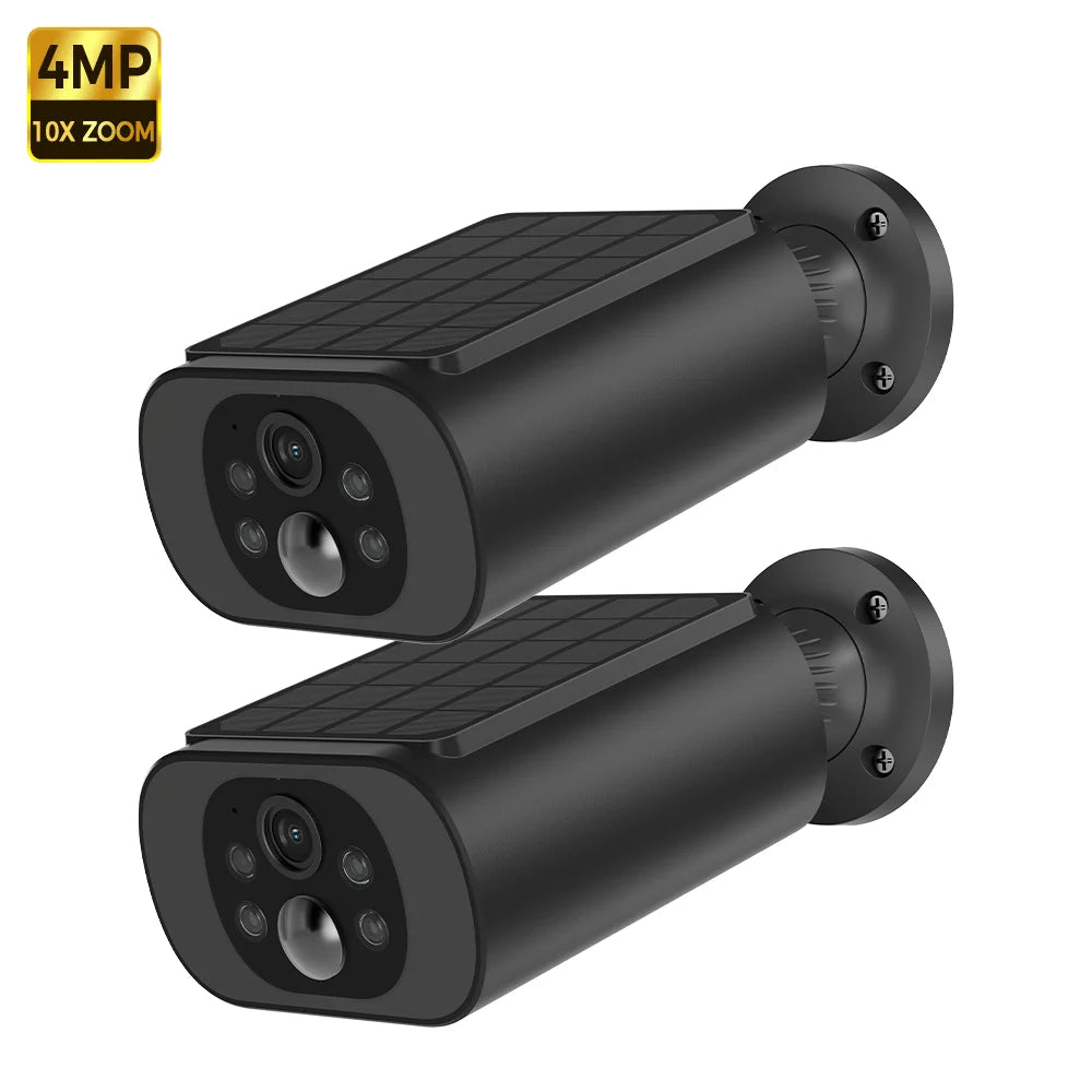 Two-pack black solar wireless security cameras with solar panels and front quad-lens