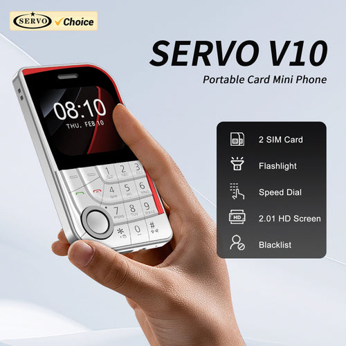 SERVO V10 silver card phone with 2.01" display, dual SIM, flashlight, and speed dial held in hand at angle.