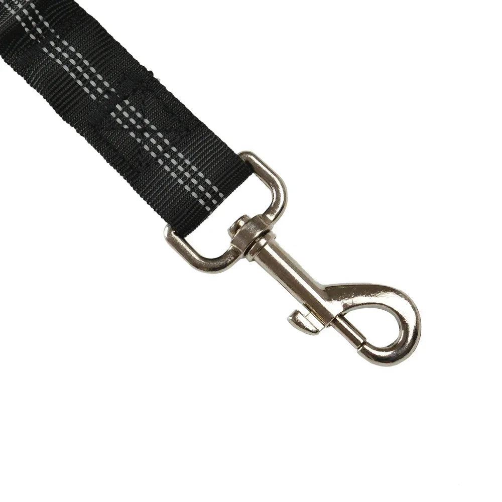 Black reflective dog car seat belt leash with durable metal clasp for safe, adjustable travel for all dog sizes.