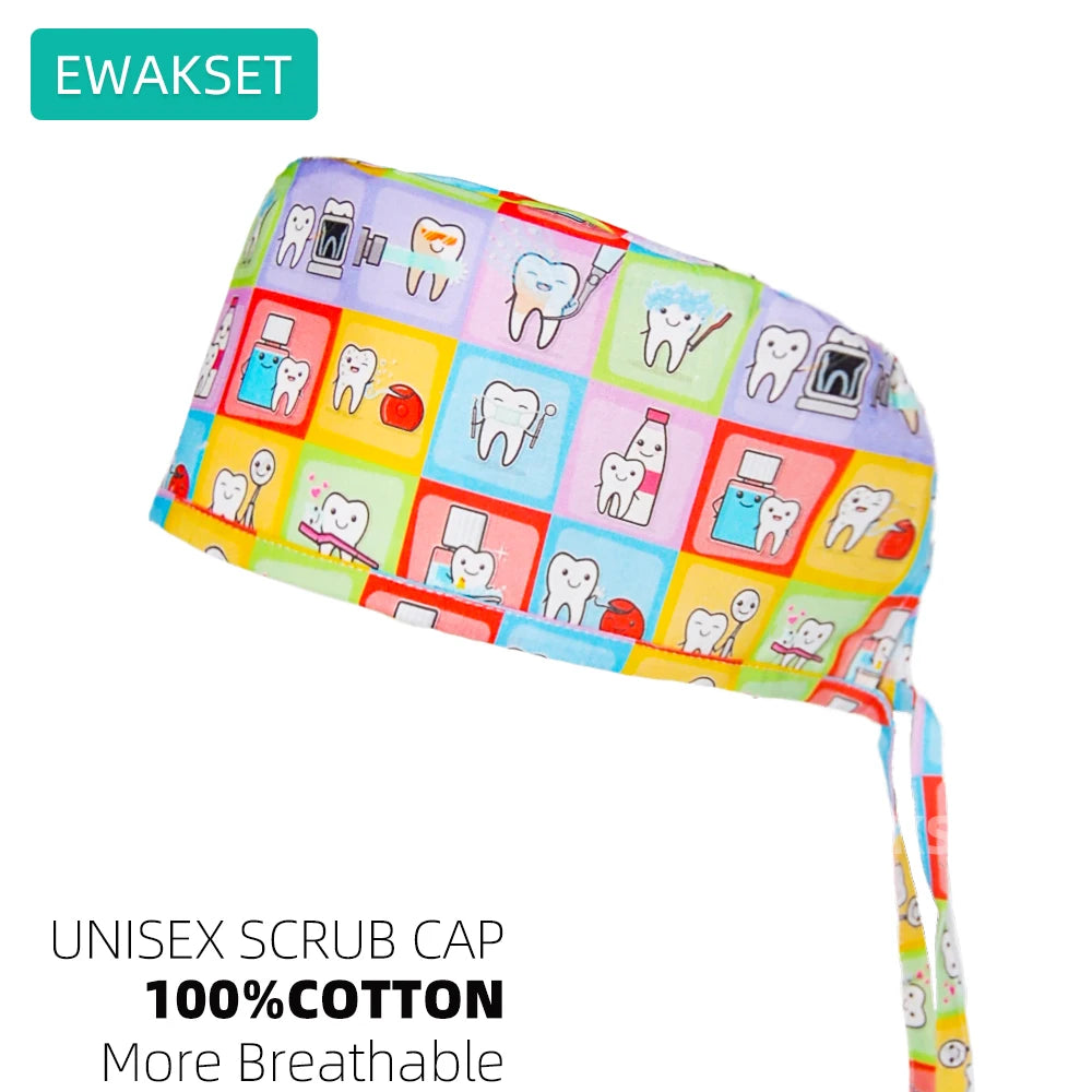 Adjustable 100% cotton unisex scrub cap with dental pattern, built-in sweatband for vet, medical, or nursing comfort.