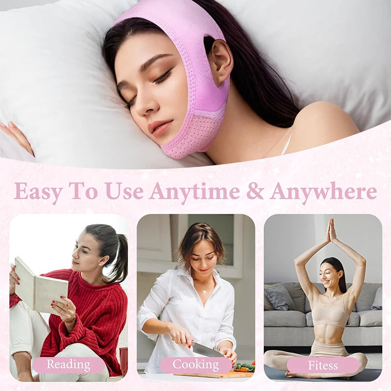A woman wears a pink, breathable V-line face slimming bandage strap while sleeping and doing daily activities.