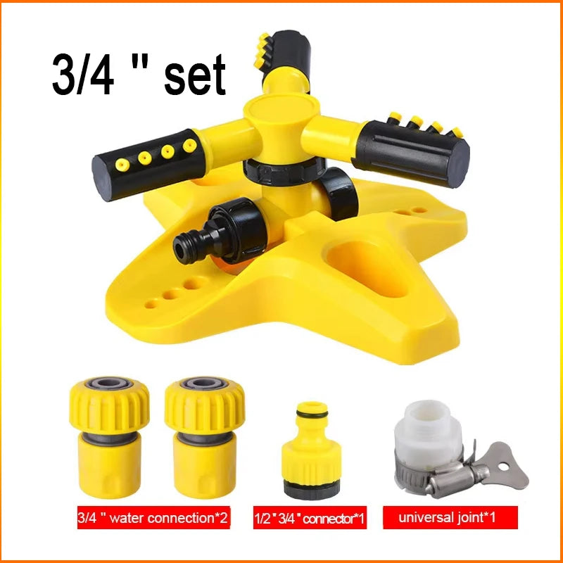 Yellow 3/4 inch set rotating lawn sprinkler with hose fittings and universal joint