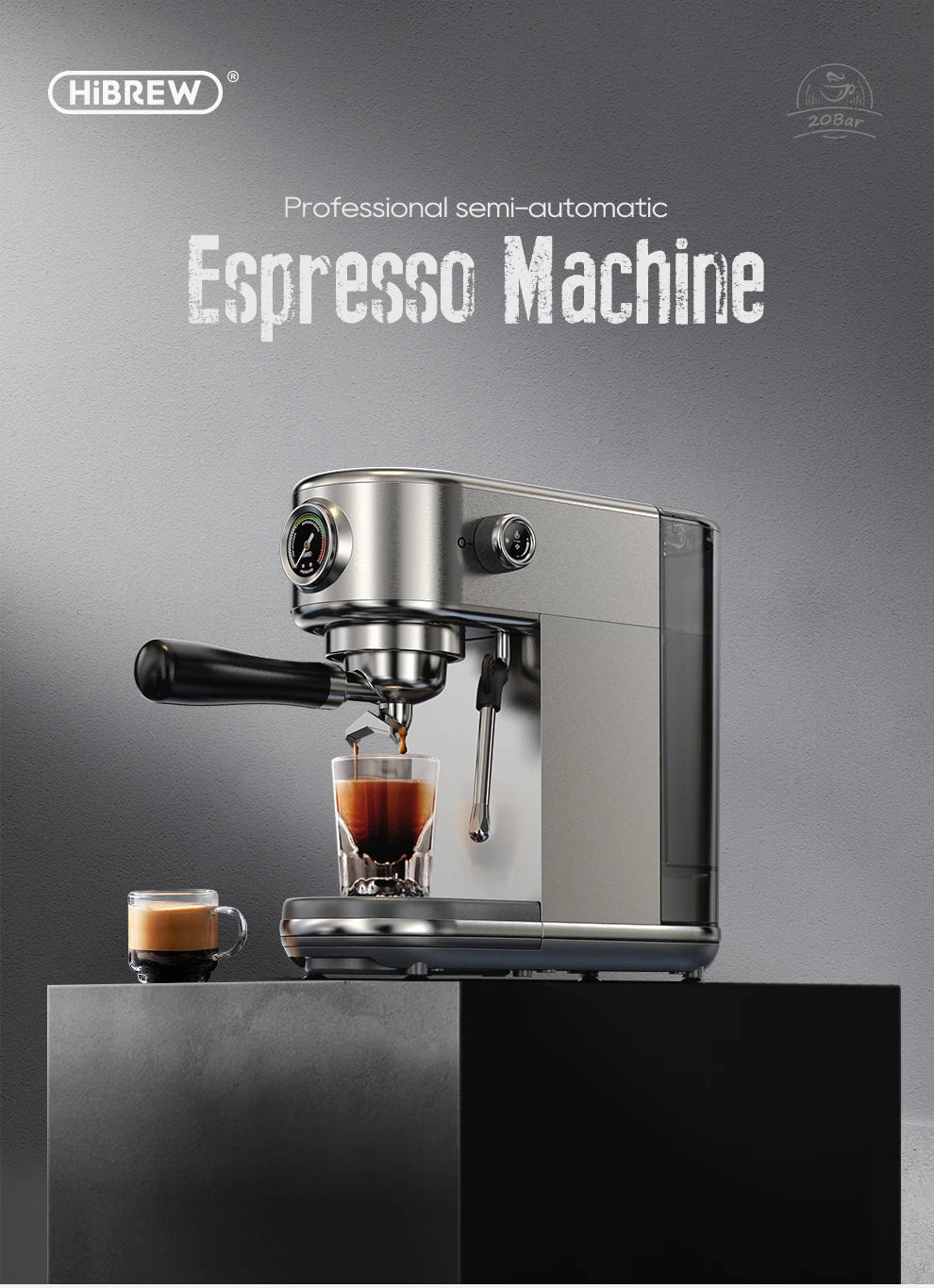 HiBrew semi-automatic stainless steel espresso machine with 20-bar pressure, pressure gauge, and steam wand.